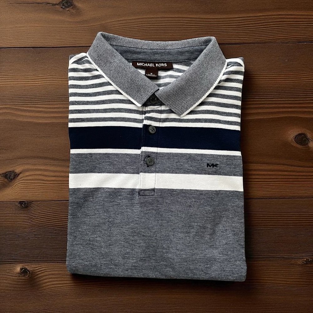 Michael Kors Gray and White Striped Polo Shirt
